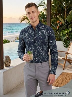 H&M Men's XS Tropical Navy Green Leaf 
Summer Shirt Vacation Resort